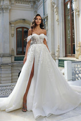 Beautiful Long White A-line Off-the-shoulder Lace Flowers Wedding Dress With Slit