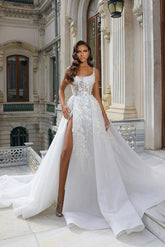 Beautiful Long White Straps A-line Sleeveless Lace Wedding Dress With Slit