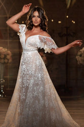 Beautiful Off-the-shoulder Short Sleeve A-Line Floor-Length Lace Wedding Dresses