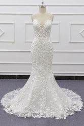 Best Long Mermaid Spaghetti Strap Appliques Lace Wedding Dress