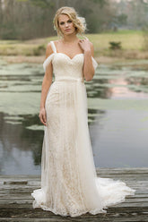 Best Long Sheath Lace Tulle Wedding Dress