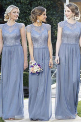 Charming Cap Sleeve A Line Cheap Lace Round Neck Long Bridesmaid Dresses
