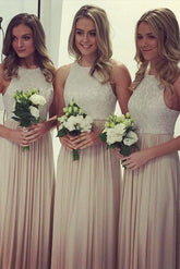 Charming Simple O Neck Lace Top Bridesmaid Dress, Long Wedding Party Gowns