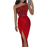 Women Clothing Solid Color Sexy Sequin Split Maxi Dress Elegant One Shoulder Evening Dress – Best for Special Occasions