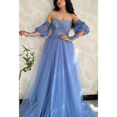 Robe de soirée trapèze bustier en tulle pailleté avec manches amovibles