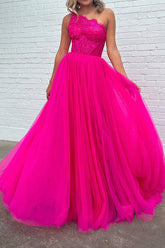 A Line One Shoulder Fuchsia Corset Prom Dress with Split Front