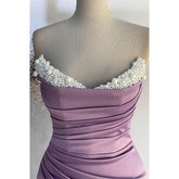 Vestido de noche para fiesta de graduación, escote en V, sin tirantes, con pliegues de cuentas y abertura lateral