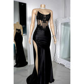 Vestido de noche sexy y atractivo con escote redondo, sin mangas, apliques y abertura lateral para fiesta y graduación