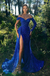 Robe de soirée bleu roi à sequins scintillants, épaules dénudées, manches longues et fente audacieuse