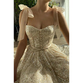 Vestido de fiesta con tirantes finos, escote corazón, lentejuelas y purpurina