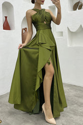 Robe de soirée élégante, unie, fendue, asymétrique, dos nu