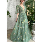 Vestido de fiesta sexy con escote en V, media manga, bordado de encaje y bolsillos