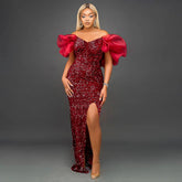 Sexy Ruffles V-neck Elegant Sequ High-End Maxi Dress Ladies Banquet Evening Dress Women Party Dre