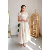 Robe de soirée trapèze en tulle imprimé, col carré, manches courtes, longueur thé