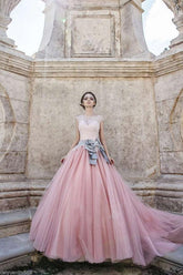 Cap Sleeves Ball-Gown Lace Bowknot Pink Tulle Wedding Dresses WD074