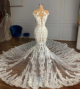 Luxury Mermaid Jewel Neck Tulle Long Beading Wedding Dress with Appliques Lace