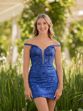 Vestido corto de encaje con lentejuelas y hombros descubiertos para baile de bienvenida