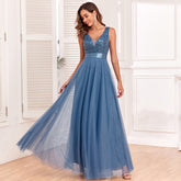 Patchwork Stretch Waist Sleeveless V Neck Evening Dress with Tulle Embroidery – Elegant, Long, and Swingy Party Dress