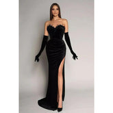 Vestido de noche de fiesta de terciopelo sin mangas, con corte tubo/columna y abertura