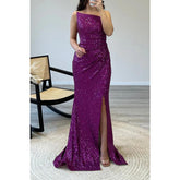 Vestido de noche largo con pliegues y lentejuelas, sin tirantes y corte tubo/columna