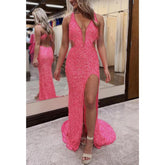 Vestido de noche para fiesta, graduación, escote en V, ilusión, imperio, sin mangas, con lentejuelas y abertura lateral