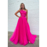 Charmante robe de bal de fin d'année longue trapèze sans manches en tulle à une épaule