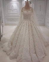 Chic Ivory Long A-line Jewel Tulle Appliques Lace Wedding Dresses