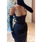 Vestido elegante de noche para fiesta, graduación, corte imperio, con escote halter, pliegues y abertura lateral con lentejuelas
