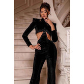 Vestido de fiesta formal elegante, sexy, de terciopelo negro, con cuello alto y cuentas, mangas largas