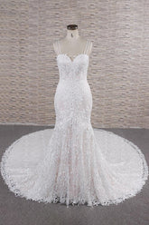 Chic Long Mermaid Sweetheart Spaghetti Strap Appliques Lace Wedding Dress