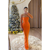 Vestido elegante de fiesta formal con mangas largas, hombros descubiertos y fruncido