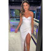 Chic & Modern One Shoulder Beaded Satin Pleats Long Evening Prom Dress