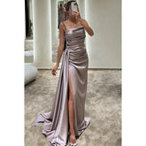 Chic & Modern Satin Pleats Spaghetti Straps Slit Simple Long Prom Dress