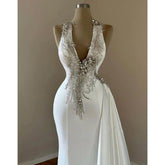 Vestido de noche largo con escote en V y cuentas, elegante y moderno