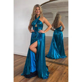 Vestido elegante moderno de fiesta de graduación con cuello halter, sin mangas, fruncido, abertura lateral, corte A largo