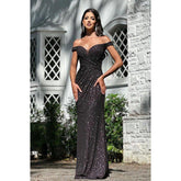 Robe de soirée fourreau chic et moderne à paillettes et épaules dénudées