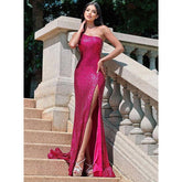 Vestido de noche formal elegante de sirena con un solo hombro, lentejuelas, abertura lateral y brillo