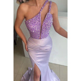 Robe de soirée sirène chic et sexy à une épaule et fente haute