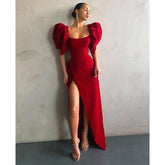 Robe de soirée vintage chic à manches bouffantes et fente