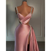 Robe de soirée longue vintage à plis roses et bretelles perlées