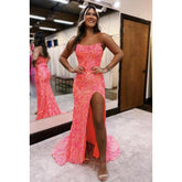 Vestido elegante y brillante de corte trompeta, sin mangas, con hombros descubiertos y abertura lateral para fiesta de noche y graduación