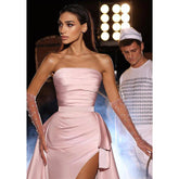 Vestido elegante de fiesta de graduación de sirena, largo, plisado, de satén rosa, sin tirantes