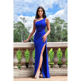 Vestido clásico de fiesta de graduación con un hombro al descubierto, sin mangas, con cuentas, corte entallado, abertura lateral y espalda descubierta