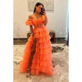 Vestido formal de fiesta clásico y atemporal con corte A, hombros descubiertos, mangas cortas y abertura