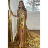 Vestido de fiesta formal clásico y atemporal con corte A, sin mangas y abertura lateral