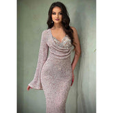 Vestido de fiesta formal largo con bordado de cuentas y un hombro clásico y atemporal