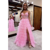 Robe de bal de fin d'année classique et intemporelle à bretelles spaghetti, col en V, coupe trapèze, fente latérale en tulle