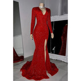 Robe de soirée sirène fendue à paillettes, classique et intemporelle, col en V, manches longues
