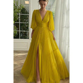 Robe de bal de fin d'année classique et intemporelle, col en V, manches longues, coupe trapèze, fente latérale, tulee