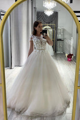 Classy Long A-Line Bateau Appliques Lace Tulle Wedding Dress With Bowknot Sash